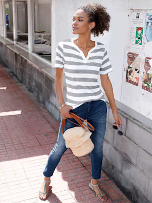 T-shirt femme à col rond avec petit v motif rayé - Collection L - Gris À Rayures