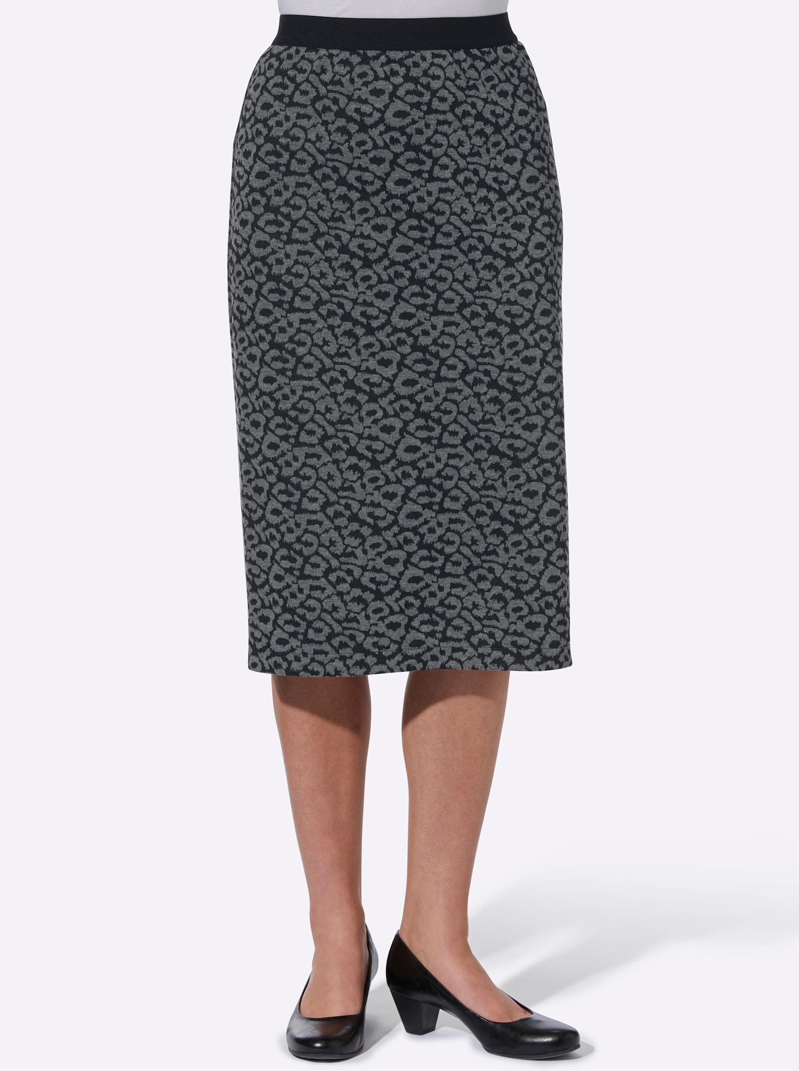 Kjol med resår - svart-grå, leopardmönstrad