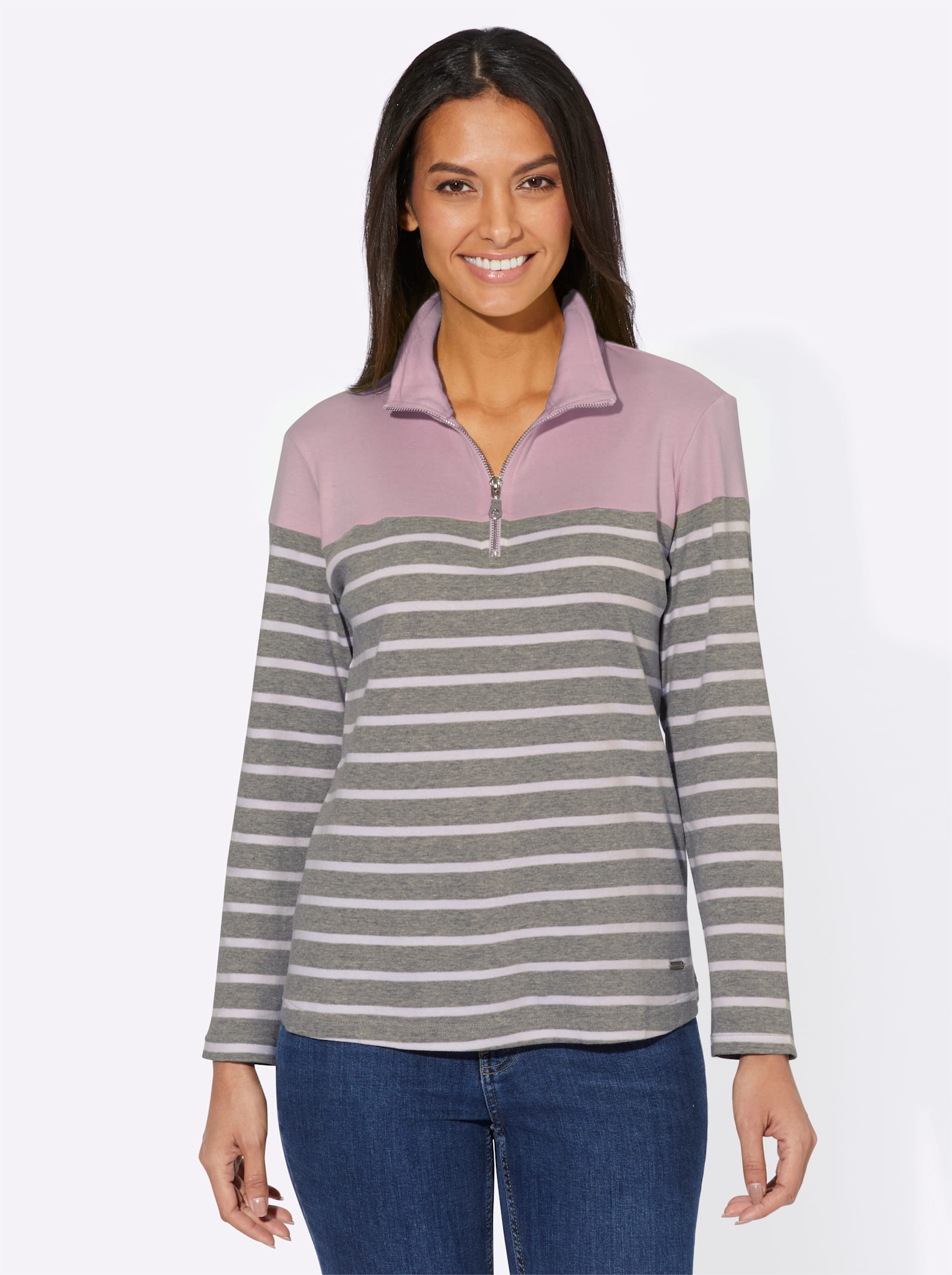 Sweatshirt - ljusrosa-grå, randig