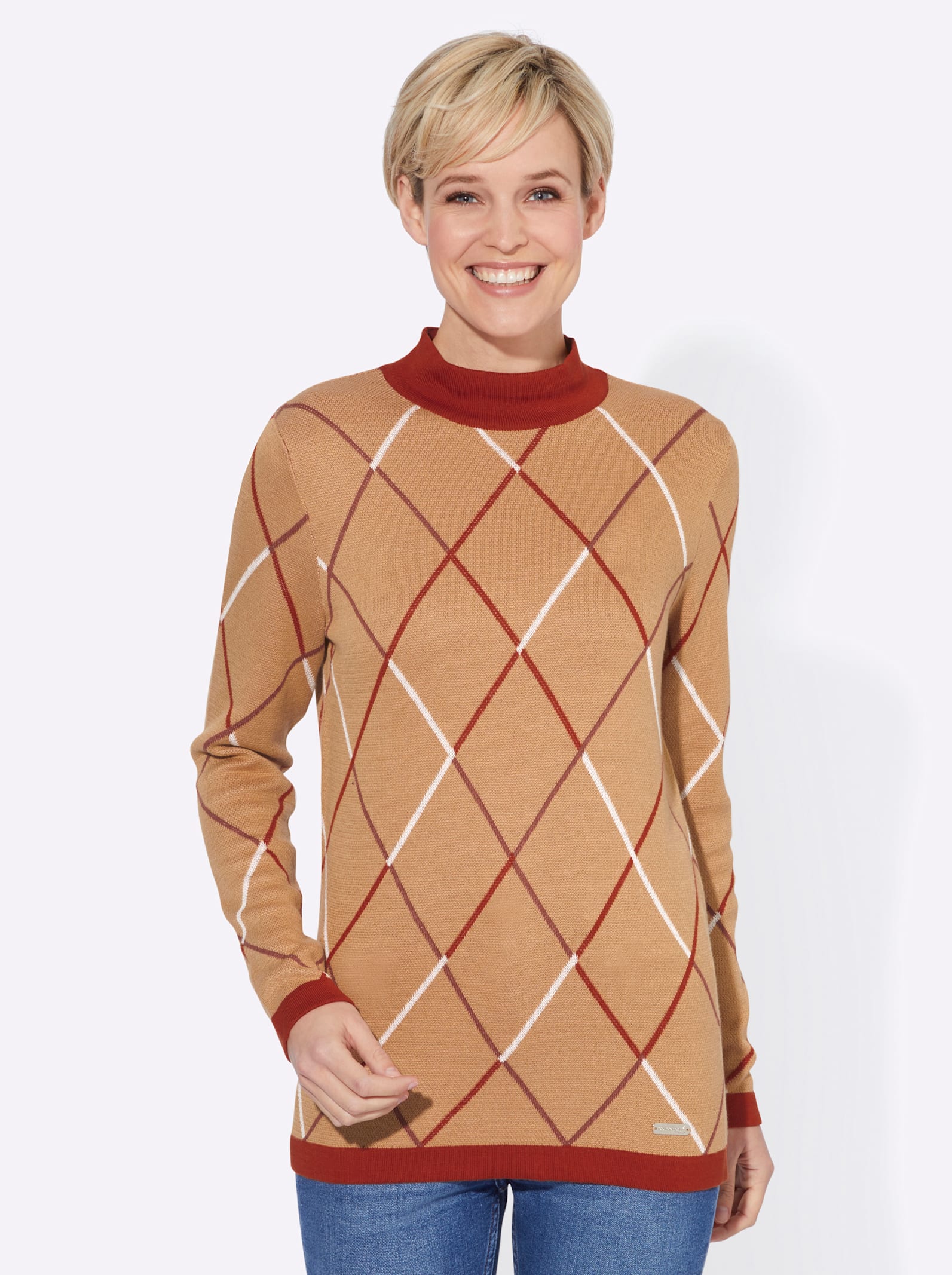 Långärmad tröja - kamel-rödbrun-mönstrad