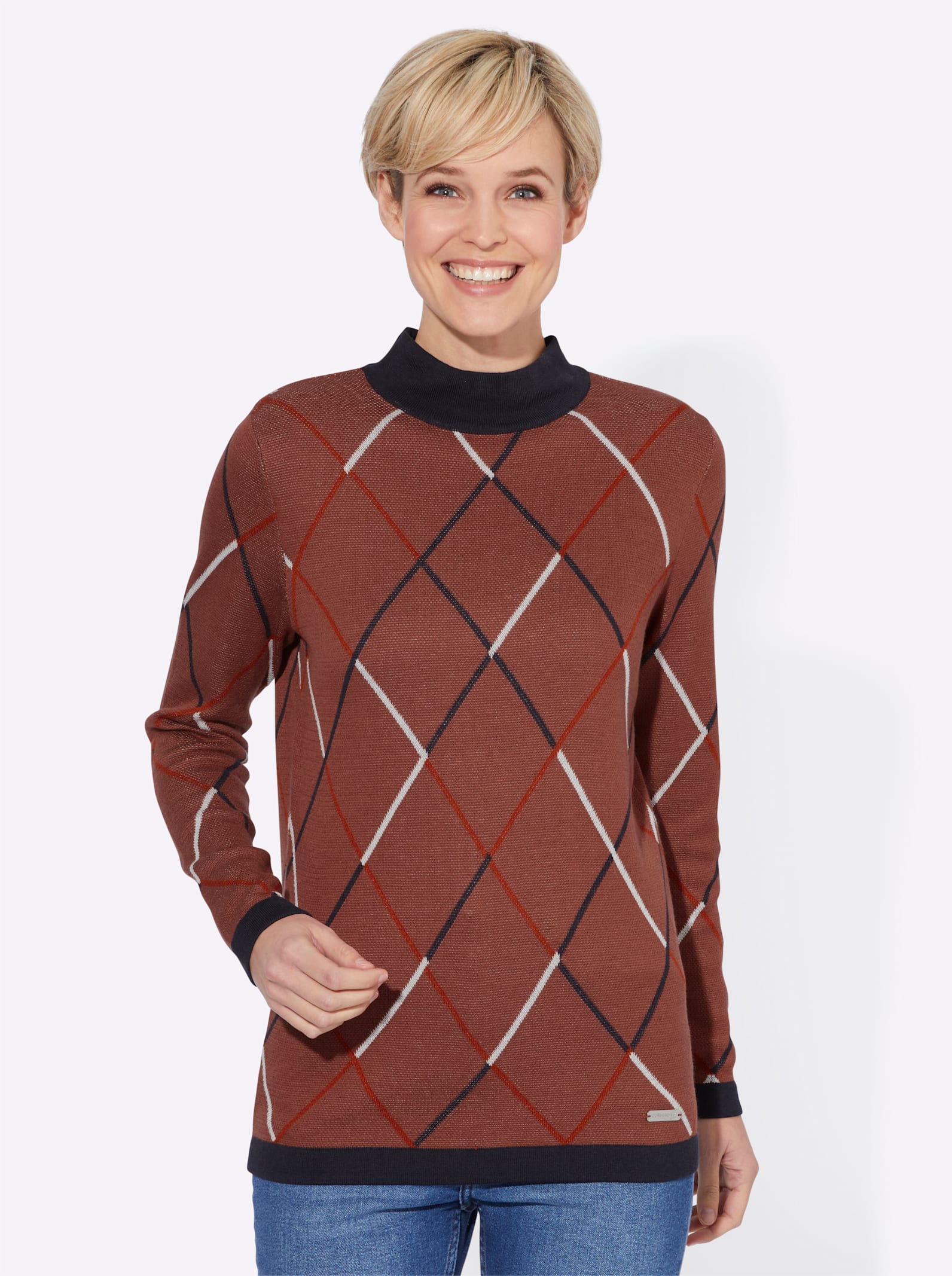 Långärmad tröja - rödbrun-marin-mönstrad