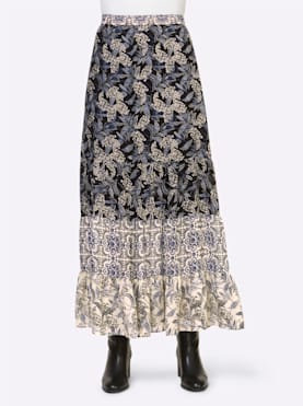 Mönstrad kjol - svart-rökblå, med tryck