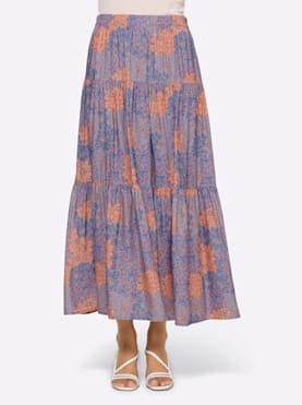 Mönstrad kjol - duvblå-aprikos-med tryck