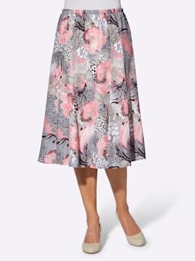 Klockad kjol - flamingo-stengrå-med tryck