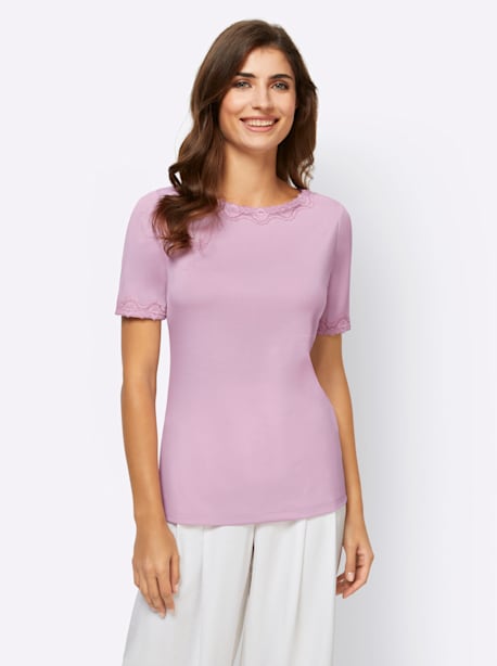T-shirt dentelle à l'encolure et manches courtes