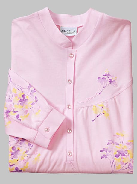 Chemise de nuit imprimé floral col mao manches longues avec patte de boutonnage