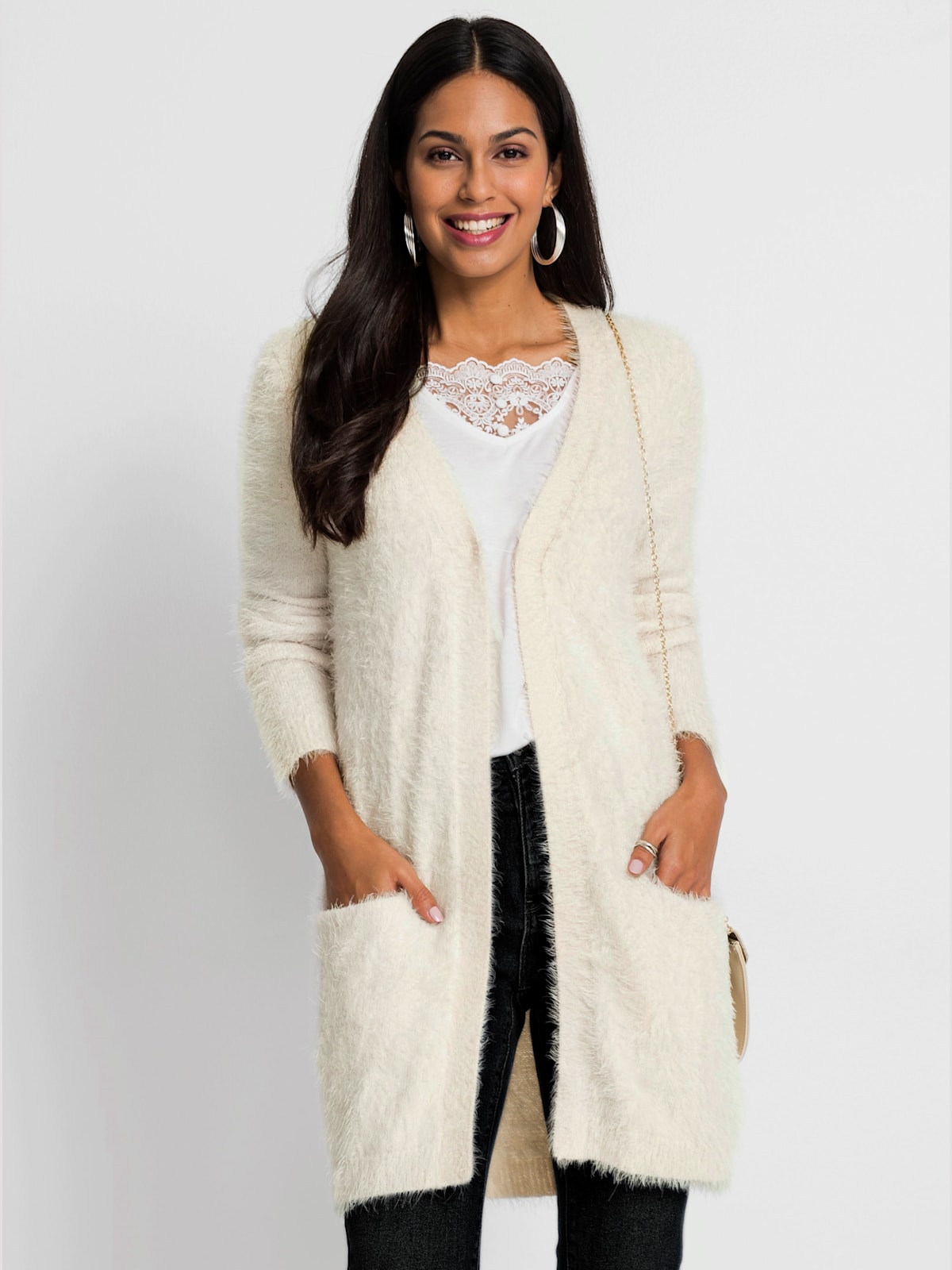 Veste longue en tricot fil moelleux à poils longs - Helline - Modalova