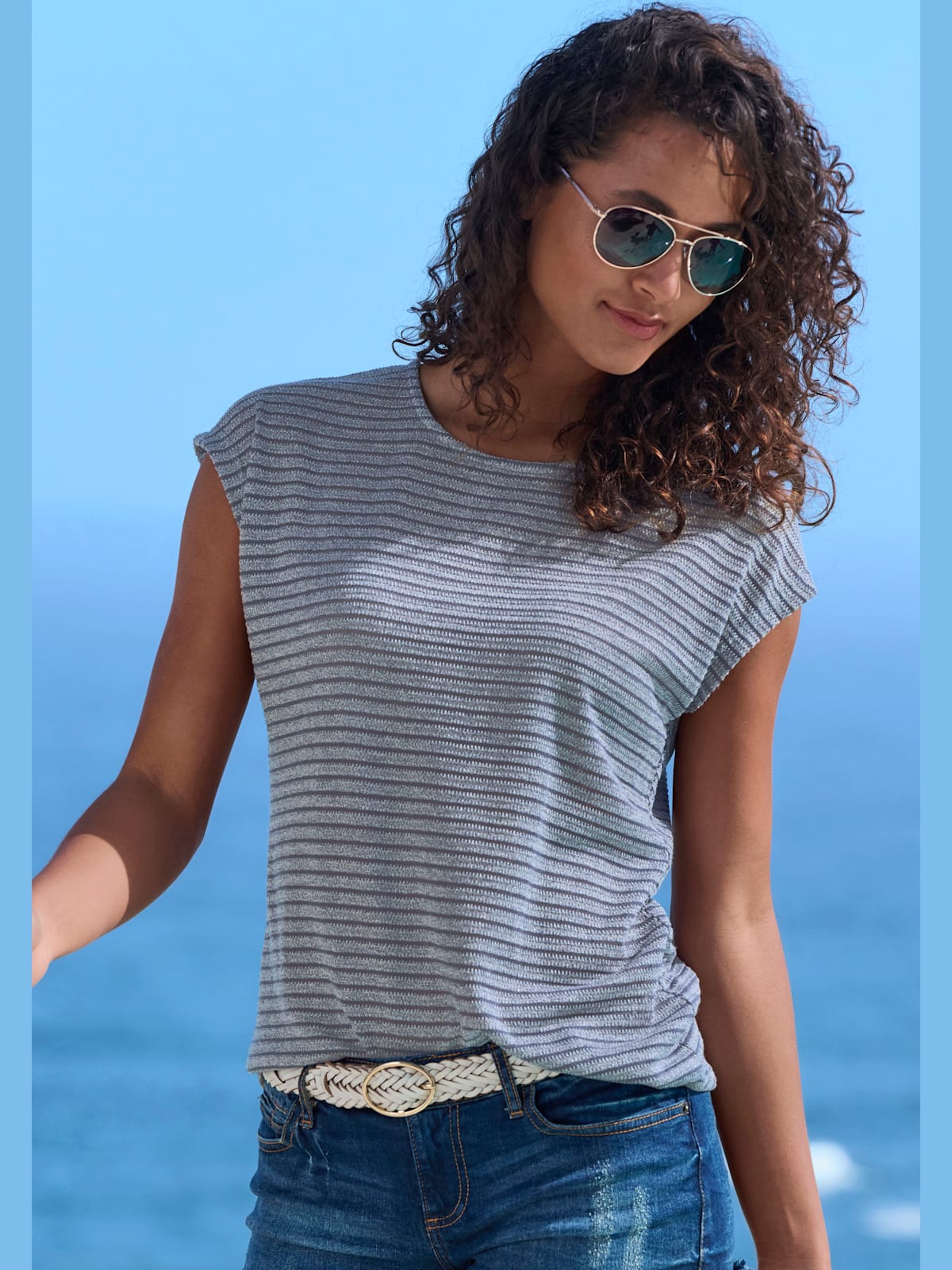 T-shirt à manches courtes tricot jacquard léger à rayures - - Vivance - Modalova