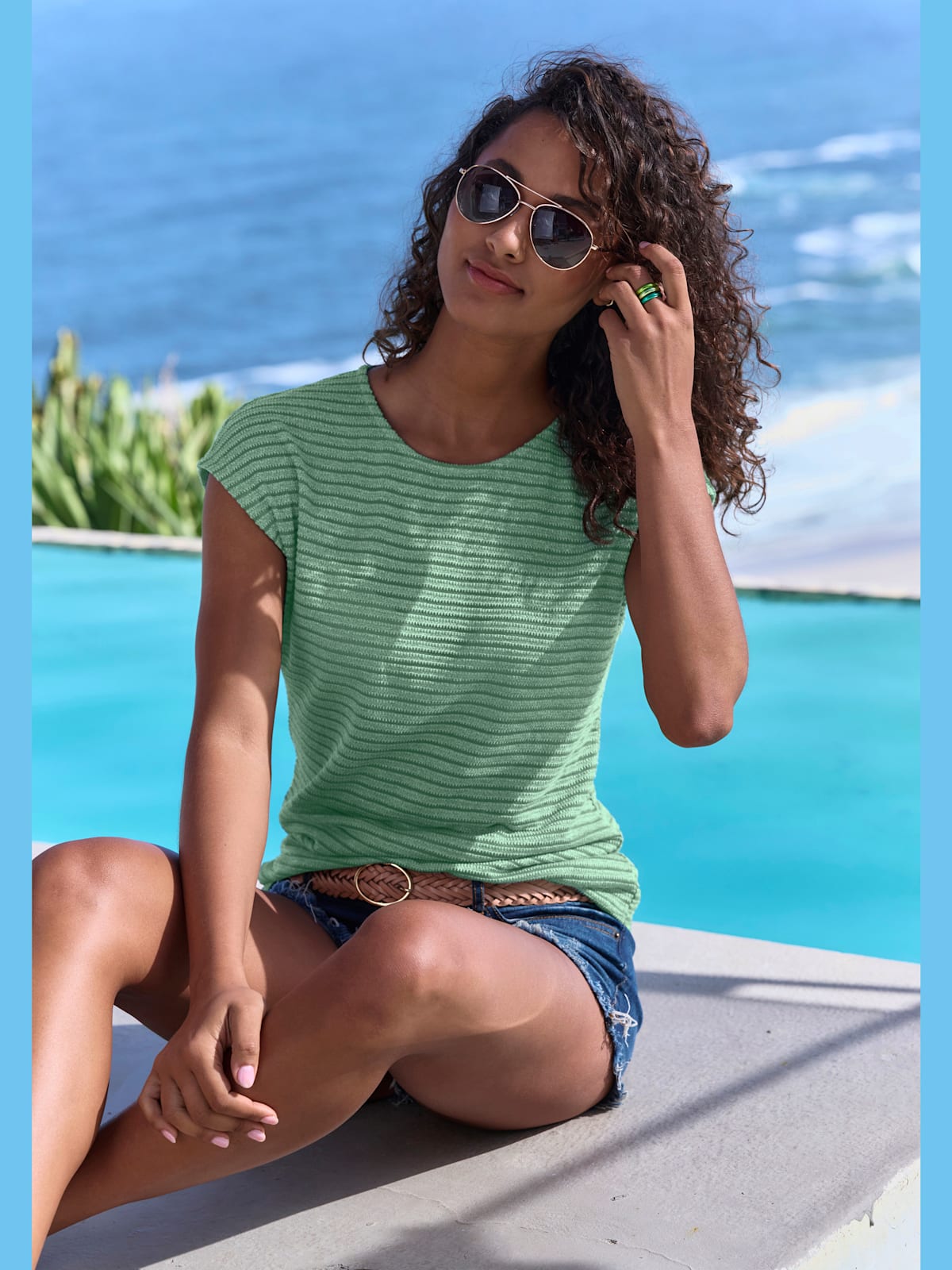 T-shirt à manches courtes tricot jacquard léger à rayures - Vivance - Modalova