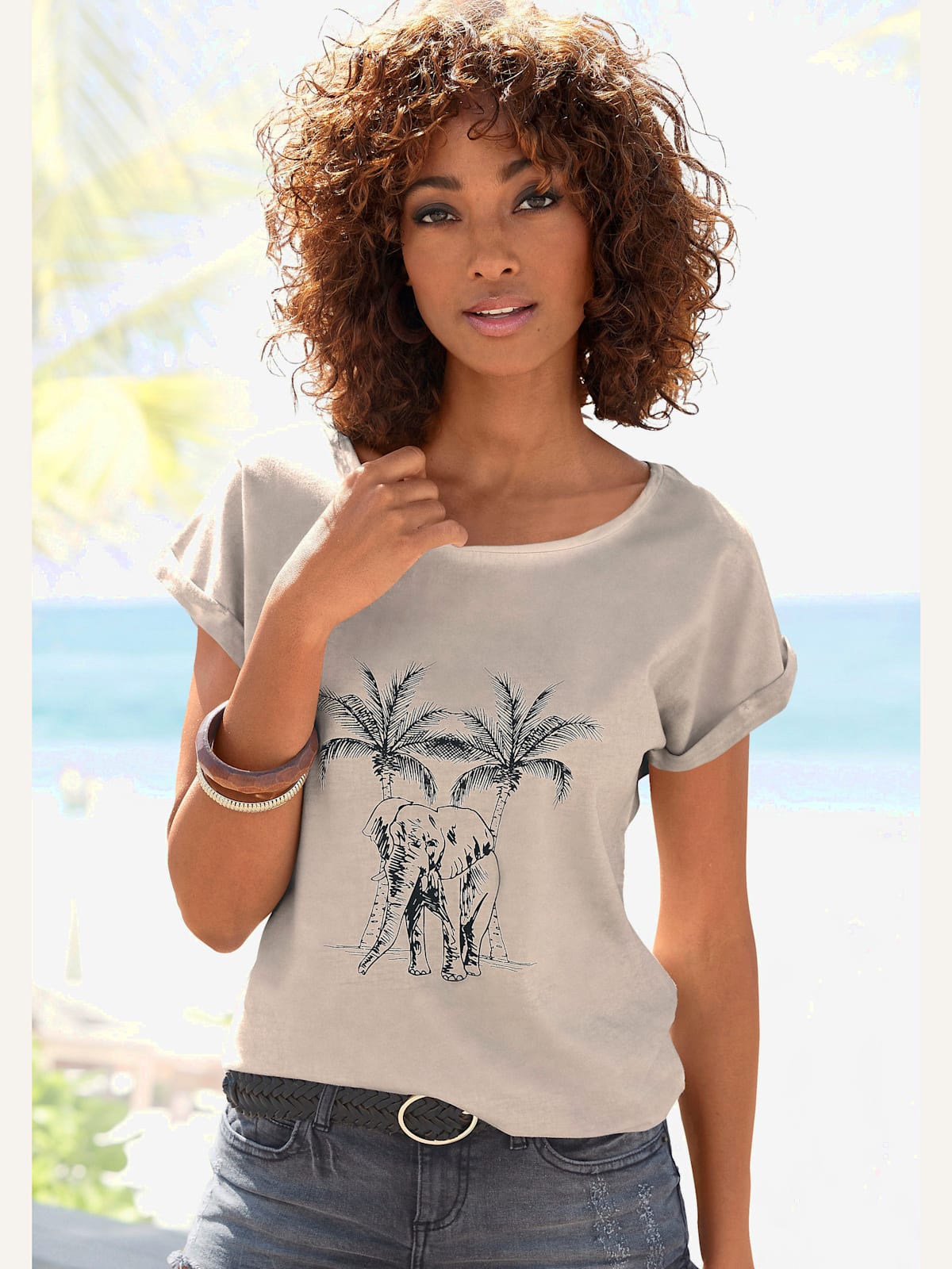 T-shirt imprimé devant avec éléphant et palmiers - Vivance - Modalova