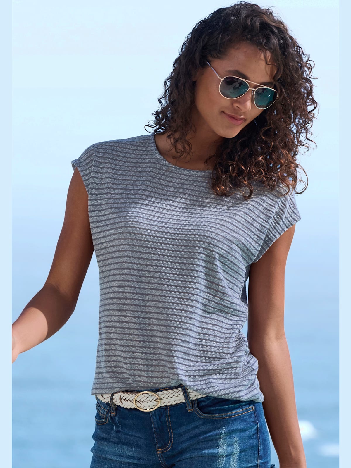 T-shirt à manches courtes tricot jacquard léger à rayures - Vivance - Modalova