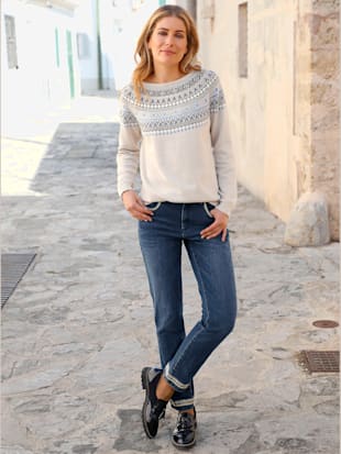 Pull motif jacquard norvégien col rond manches raglan - - Sable-bleu À Motifs