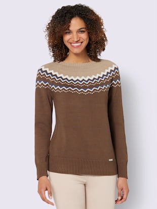 Pull style norvégien contrasté col rond manches raglan finitions côtelées - Collection L - Marron-be