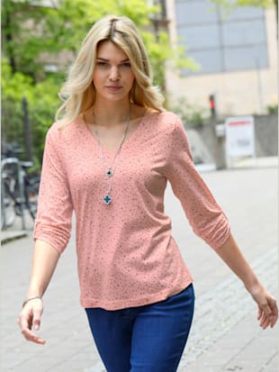 T-shirt motif étoiles col en v manches longues retroussables - - Rose À Motifs