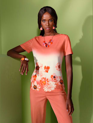 T-shirt encolure en u féminine - Creation L - Écru-corail Imprimé