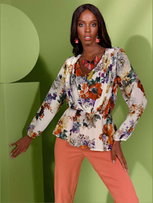 Chemisier taille élastique froncée - Creation L - Écru-corail Imprimé