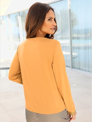 T-shirt brodé mélange coton-modal col rond manches longues - - Jaune Curry