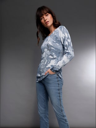 Pull femme en jersey fin avec fils brillants motif camouflage - Creation L - Bleu Imprimé