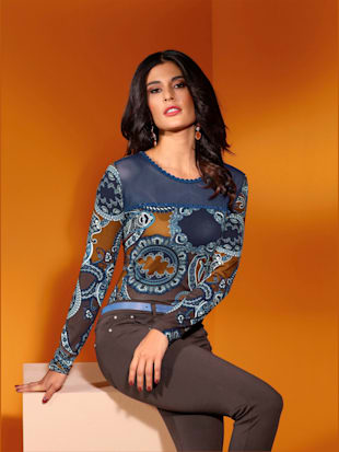 T-shirt à encolure ronde empiècement mesh - Creation L - Chocolat-bleu Roi-imprimé