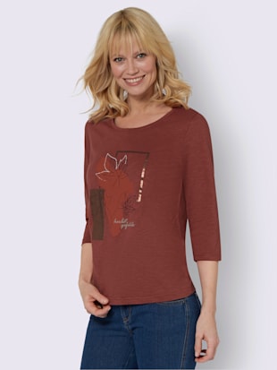 T-shirt à manches 3/4 pur coton - - Rouge Marron-marine Imprimé
