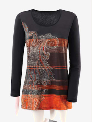T-shirt long imprimé mode - - Noir-orange À Motifs