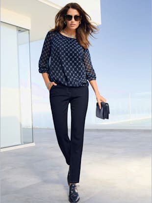 Chemisier à pois légèrement transparent col rond manches longues - Creation L - Bleu Imprimé