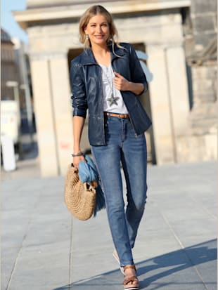 Veste en cuir cuir agneau nappa véritable - Mainpol - Bleu Fumée