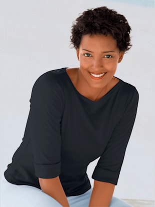 T-shirt femme confortable manches 3/4 à revers - - Noir