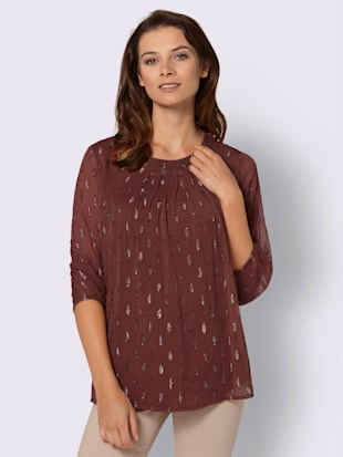 Chemisier à poids élégant effet dévoré col rond manches 3/4 - - Marron Rouge