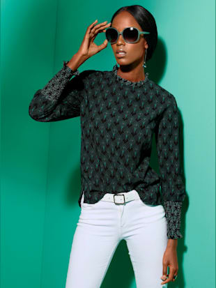 Chemisier à manches longues belles fronces à l‘encolure - Creation L - Vert Foncé-écru Imprimé