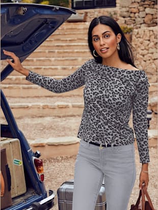 T-shirt femme motif léopard épaules tombantes manches longues - Creation L - Gris Imprimé