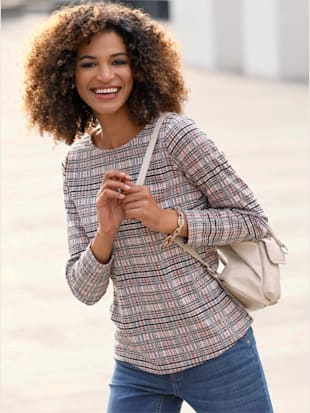 T-shirt à carreaux motif jacquard col rond manches longues - Collection L - Rose À Carreaux