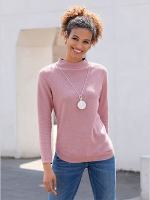 Pull femme léger col montant ourlet arrondi avec finitions côtelées - Collection L - Rose Chiné