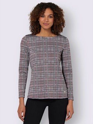 T-shirt à carreaux motif jacquard col rond manches longues - Collection L - Bordeaux À Carreaux