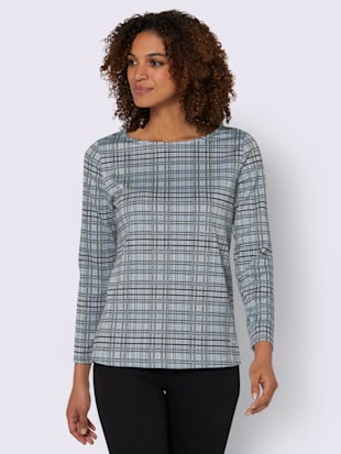 T-shirt à carreaux motif jacquard col rond manches longues - Collection L - Bleu À Carreaux