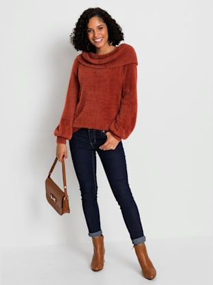 Pull à col châle fil fantaisie doux - - Rouille