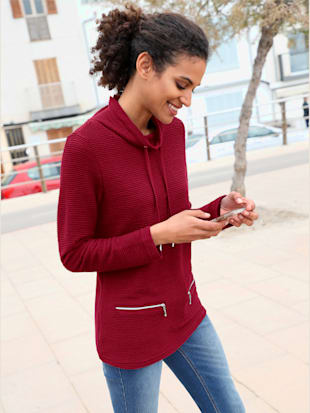 Sweatshirt femme effet côtelé col roulé - - Rouge