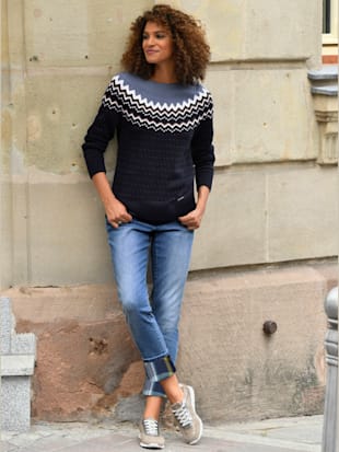 Pull style norvégien contrasté col rond manches raglan finitions côtelées - Collection L - Marine-bl