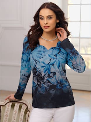 T-shirt à manches longues qualité structurée facile d'entretien - Fair Lady - Bleu Roi-noir Imprimé