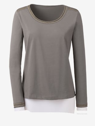 T-shirt brodé mélange coton-modal col rond manches longues - - Taupe
