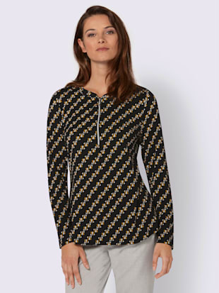 T-shirt imprimé en jersey col rond zippé manches longues - - Noir-ocre Imprimé