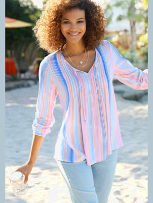 Chemisier pure viscose - Collection L - Saumon-bleu Clair À Rayures