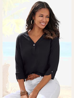 T-shirt à manches 3/4 col v, grand bouton imitation corne - LASCANA - Noir