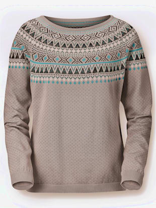 Pull motif jacquard norvégien col rond manches raglan - - Taupe-pétrole À Motifs