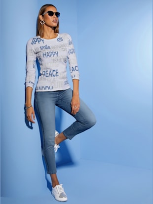 Pull à manches longues pur coton - Creation L - Écru-bleu Moyen Imprimé