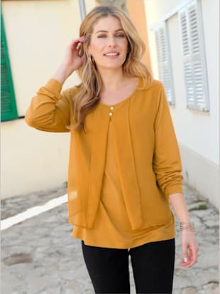 T-shirt bimatière empiècement fluide devant col rond manches longues - - Jaune Curry