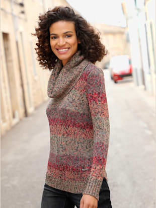 Pull femme col roulé drapé rayé effet chiné - Collection L - Taupe-rouge À Motifs