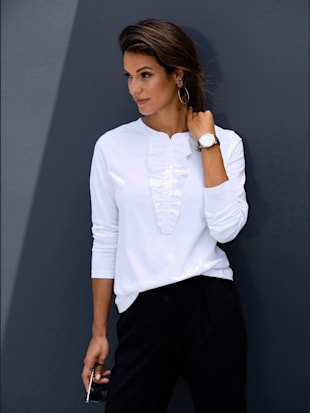 T-shirt à encolure ronde ruches romantiques - - Blanc