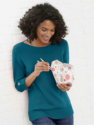 Pull femme manches 3/4 revers boutonnés - Collection L - Bleu Pétrole