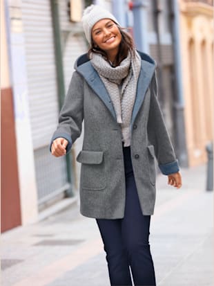 Manteau imitation laine poches plaquées à rabat avec capuche - Collection L - Gris Foncé Chiné
